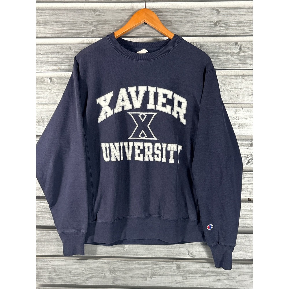 Vtg Champion Reverse Weave Xavier University Sweatshirt Mens Medium Blue y2k
